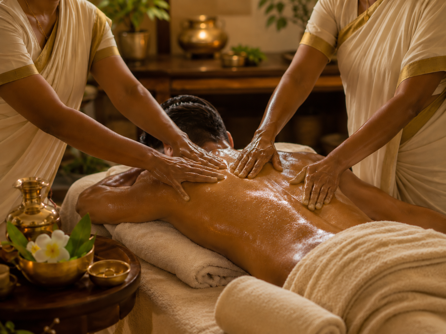 Massagem ayurvédica Vishesh com óleo e toalhas quentes